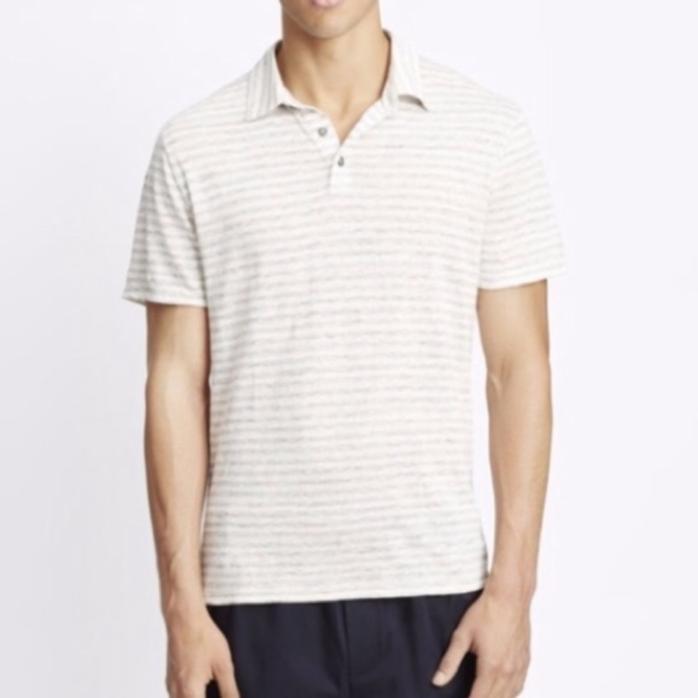 Vince Short Sleeve Striped Polo Shirt Linen - Picture 1 of 7